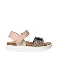 Lædersandal med en pink rem, glitrende sort og regnbueDetalje, hvid sål og justerbar velcro-lukning. Korkfodbed for komfort.