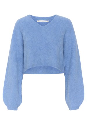 Pull court en maille duveteuse bleu clair avec manches longues ballon et col en V.