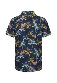 Cămașă cu mânecă scurtă, având un fundal albastru închis, cu un imprimeu vibrant de palmier și chitară. Construită dintr-un material ușor, cu o croială relaxată.