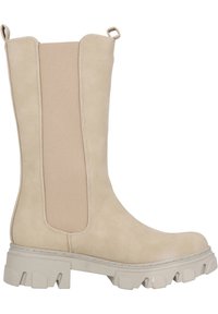 Botas de tobillo beige con paneles laterales elásticos, material de ante texturizado, suela de goma con relieve y lengüetas para facilitar su uso.