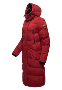 Red insulated puffer coat with a hood, featuring two zippered front pockets, elastic cuffs, and a textured fabric with a logo patch.