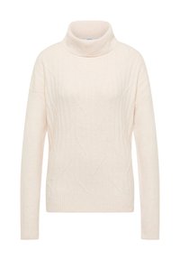Lys pink sweater med høj hals, der har en ribbet tekstur og diagonalt mønster. Lange ærmer og lige skåret kant.