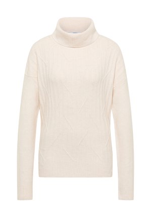 Lichtroze trui met een col, voorzien van een ribbelstructuur en een diagonale patroon. Lange mouwen en een rechte zoom.