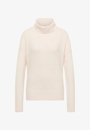 Lys pink sweater med høj hals, der har en ribbet tekstur og diagonalt mønster. Lange ærmer og lige skåret kant.