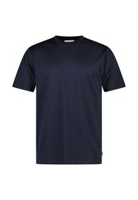 Marineblå bomulds T-shirt med klassisk rund hals, korte ærmer og en afslappet pasform. Glat tekstur, ingen synlige mønstre eller dekorationer.