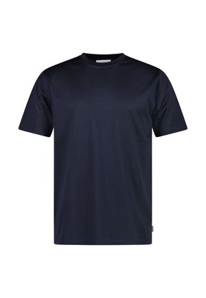 Navy blue cotton T-shirt with a classic crew neck, short sleeves, and a relaxed fit. Smooth texture, no visible patterns or embellishments.