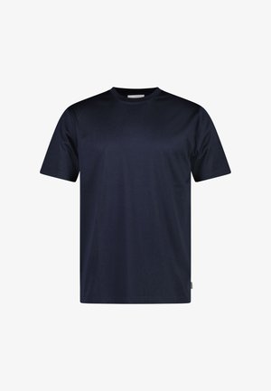 Granatowa bawełniana koszulka z klasycznym okrągłym dekoltem, krótkimi rękawami i luźnym krojem. Gładka faktura, brak widocznych wzorów lub ozdób.