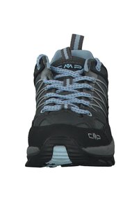 Black athletic shoe with gray and blue accents, featuring a textured upper, patterned laces, and a reinforced toe cap. Smooth rubber sole.