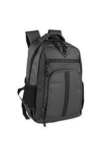 Mochila negra de tela resistente con correas acolchadas, múltiples cremalleras, bolsillos laterales de malla y un diseño de rayas verticales en el frente.