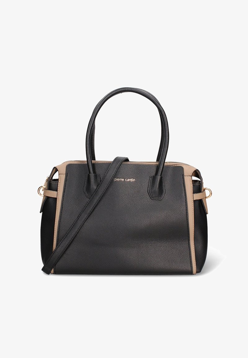 Borsa a mano nera e beige in pelle testurizzata, con doppi manici, tracolla removibile e dettagli in metallo dorato.