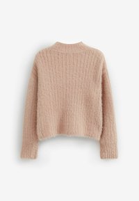 Ljusrosa, ribbad stickad tröja med en mjuk, lurvig textur och långa ärmar. Har en hög krage och en kort design.