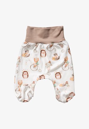 Pantalon pour bébé avec taille élastique beige et tissu blanc ornés d'animaux faisant du vélo vintage et jonglant avec des balles.