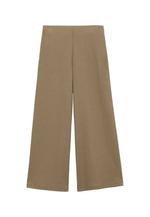 Wijdvallende broek van een zachte, bruine stof, met een hoge taille en een glad, gestroomlijnd ontwerp zonder zichtbare sluitingen of accenten.