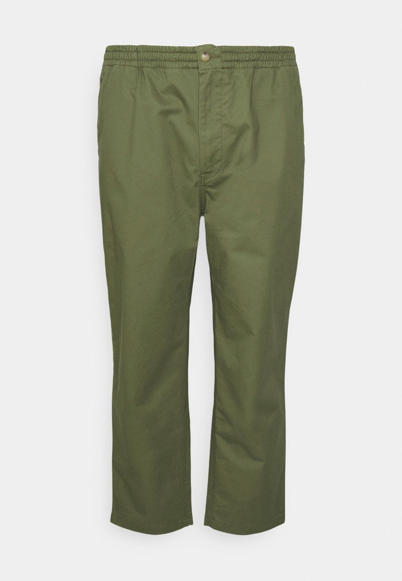 Green cotton pants with an elastic waistband and button closure. Straight-leg design, smooth texture, and no visible patterns or accents.