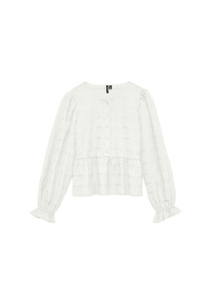 Balta blūze ar garām piedurknēm, teksturētas vertikālas un horizontālas svītras, pogāta priekšpuse, savākti volānu aproces un apaļa kakla izgriezuma.