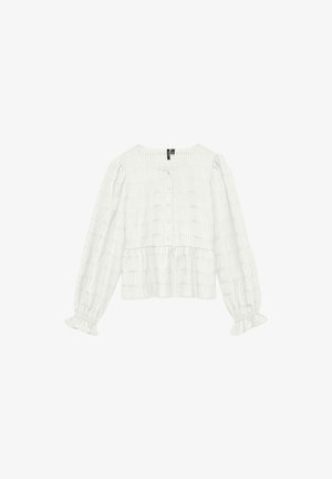 Hvit bluse med lange ermer og teksturerte vertikale og horisontale striper, knappestolpe foran, rynkede volangkantmansjetter og rund hals.