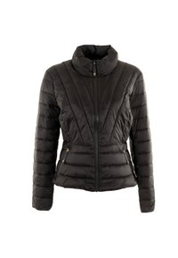 Giacca a vento nera con colletto alto, motivo trapuntato, cerniere frontali e tasche laterali. Tessuto liscio con una silhouette aderente.
