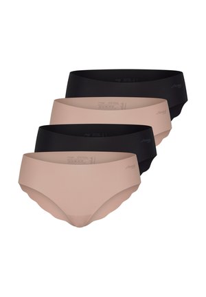 Vier Paare nahtlose Damenunterwäsche in Schwarz- und Nude-Tönen, überlappend auf weißem Hintergrund angeordnet.