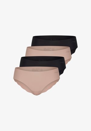 Quatre paires de sous-vêtements féminins sans coutures en tons noirs et nude, disposées en chevauchement sur un fond blanc.