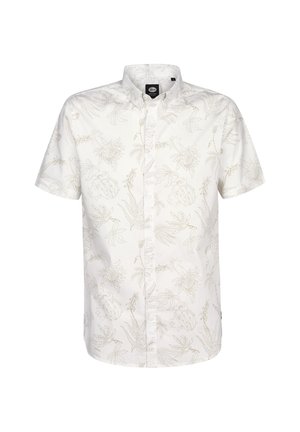 Košile s krátkým rukávem na knoflíky, vyrobená z bílého materiálu s jemným béžovým květinovým vzorem, límečkový střih a standardní velikost, vhodná pro běžné nošení.