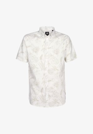 Cămașă cu mânecă scurtă, cu nasturi, din țesătură albă cu un model floral bej subtil, cu guler și croială standard, potrivită pentru purtatul casual.