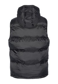 Schwarze Steppweste mit Kapuze, mit einem gesteppten Design, glänzender Textur, elastischem Saum und ohne sichtbare Verschlüsse oder Taschen.