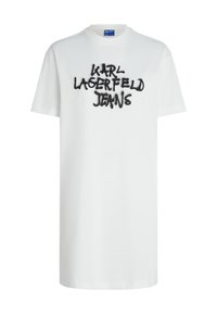 Bijela pamučna majica kratkih rukava s crnim sprejom ispisanim „KARL LAGERFELD JEANS“ preko prsiju.