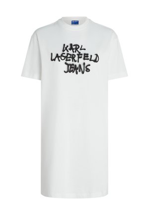 Hvit bomulls T-skjorte med korte ermer, som har en svart spraymalerlogo "KARL LAGERFELD JEANS" på brystet.