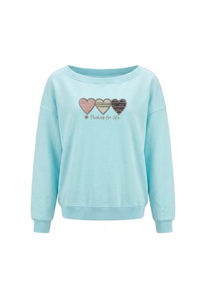 Felpa azzurro chiaro con tre disegni di cuori multicolori e il testo "Pookies for life" sul davanti, maniche lunghe e polsini a costine.