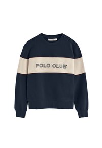 Felpa navy con una striscia orizzontale color crema con il testo "POLO CLUB". Include quattro bottoni sulle spalle e polsini e fondo a costine.