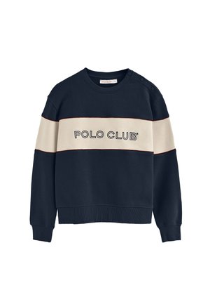 Marine sweatshirt met een crèmekleurige horizontale streep en de tekst "POLO CLUB". Bevat vier schouderknopen en ribgebreide manchetten en zoom.