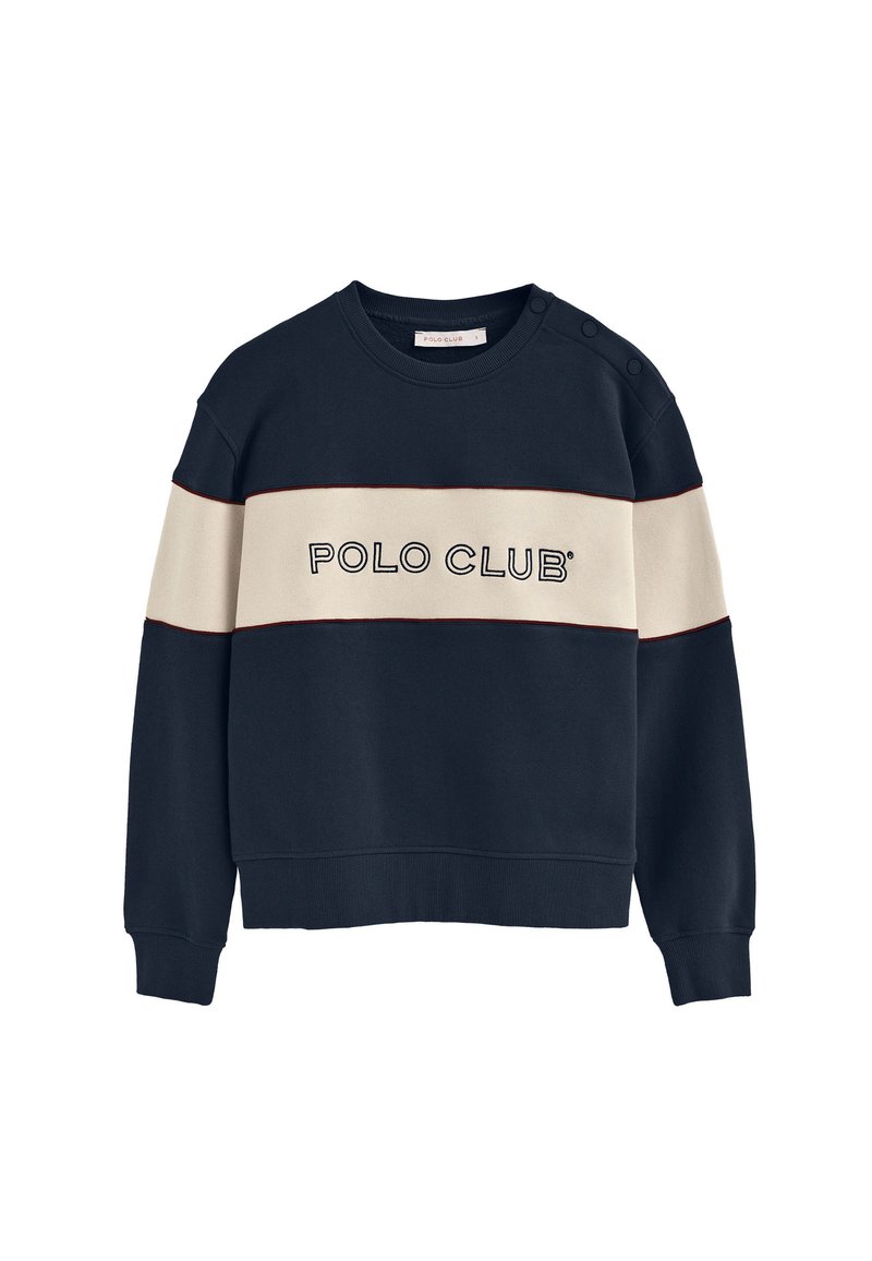 Felpa navy con una striscia orizzontale color crema con il testo "POLO CLUB". Include quattro bottoni sulle spalle e polsini e fondo a costine.