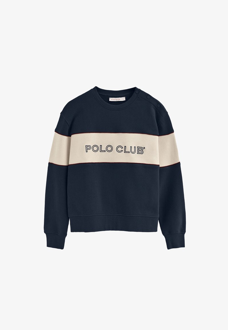 Sudadera azul marino con una franja horizontal crema y el texto "POLO CLUB". Incluye cuatro botones en el hombro y puños y dobladillo de canalé.