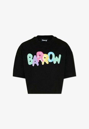 T-shirt noir court avec "BARROW" écrit en grandes lettres colorées et gonflées décorées de sequins sur le devant.