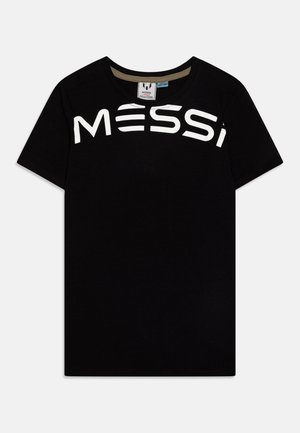 T-shirt noir à manches courtes avec le texte blanc « MESSI » sur la poitrine et un col rond.
