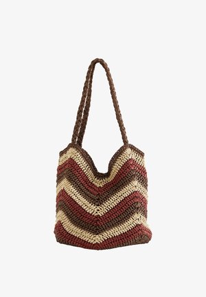 Brūna, sarkana un bēša austā tote soma ar chevron rakstu un diviem pītiem plecu siksnām.