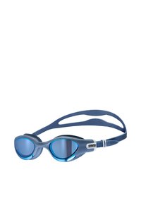 Modré plavecké brýle s zrcadlovými čočkami, elegantním rámem, texturovanými prvky a dvojitým nastavovacím popruhem pro bezpečné uchycení.