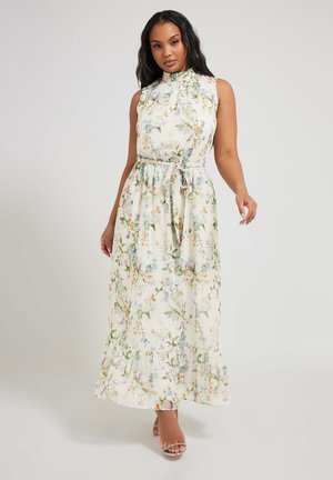 Floral maxi dress with a high collar, sleeveless design, cinched waist, and flared hem. Made of lightweight fabric with a cream background.