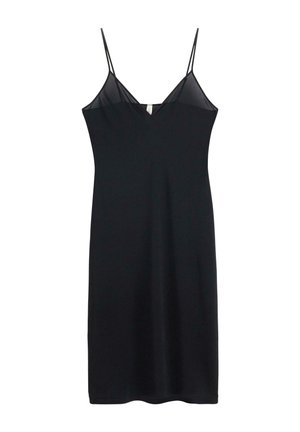 Rochie neagră dintr-un material neted, având bretele subțiri tip spaghetti și un decolteu în formă de V, cu o siluetă ajustată și fără embellismente vizibile.
