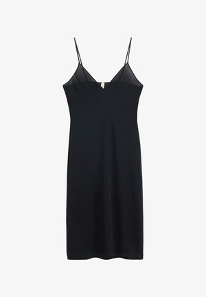 Robe noire à bretelles fines en tissu lisse, présentant un décolleté en V et une silhouette ajustée, sans ornements visibles.
