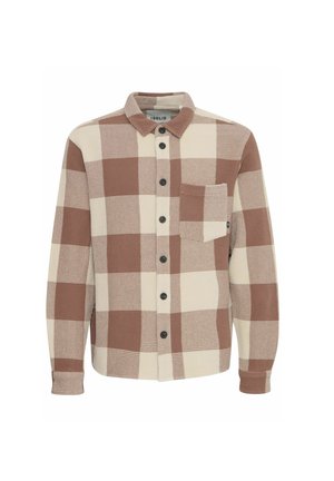 Camicia a quadri in crema e marrone. Presenta una tasca sul petto, colletto arrotondato e texture intrecciata. Bottoni neri accentuano la parte anteriore.