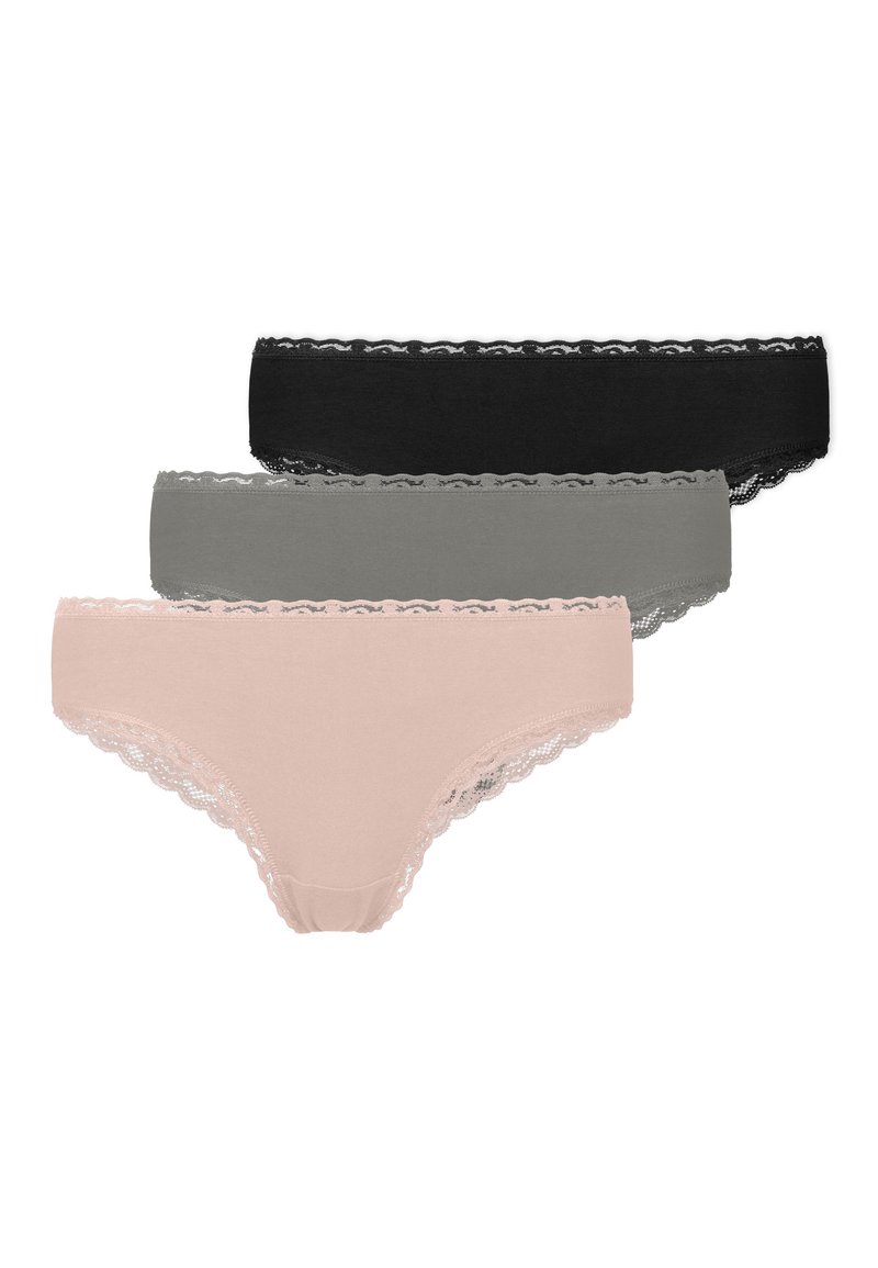Drei Paar Damenslips in Schwarz, Grau und Nude, mit zarter Spitzenverzierung, weichem Baumwollmaterial und dünnem elastischen Bund.