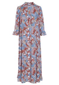 Robe longue avec un motif de papillons colorés en bleu, rouge et crème. Fabriquée en tissu léger, avec un col et des manches volantées.