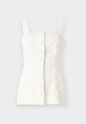 Biała lniana bezrękawnik o dopasowanym kroju, z przodem zapinanym na pięć guzików oraz prostymi ramiączkami.
