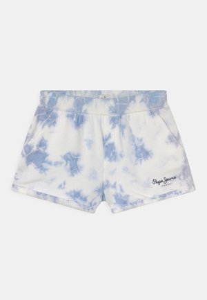 Hvide og lyseblå tie-dye shorts med elastisk talje, sidelommer og lille Pepe Jeans London-logo på nederste højre ben.