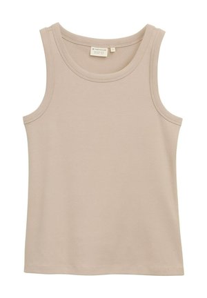 Top sin mangas de color beige, hecho de tela suave, con escote redondo y bordes limpios. Sin patrones ni adornos.