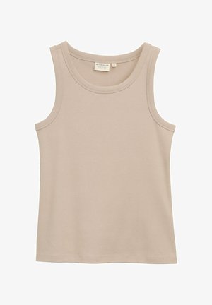 Beige ärmlös linne i mjukt tyg, med rund halsringning och rena kanter. Inga mönster eller dekorationer.