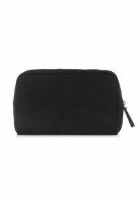 Czarna prostokątna saszetka wykonana z teksturowanej tkaniny. Posiada złoty zamek błyskawiczny z czarnym uchwytem. Prosty design bez widocznych wzorów lub akcentów.