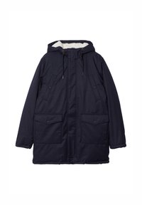 Giacca isolante blu navy con cappuccio foderato in pelliccia, due tasche esterne con pattina e cordini regolabili. Tessuto liscio, chiusura con bottoni.