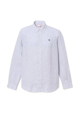 Camicia a maniche lunghe con bottoni, a righe verticali sottili blu e bianche, polsini con bottoni e piccolo logo Timberland sul petto sinistro.